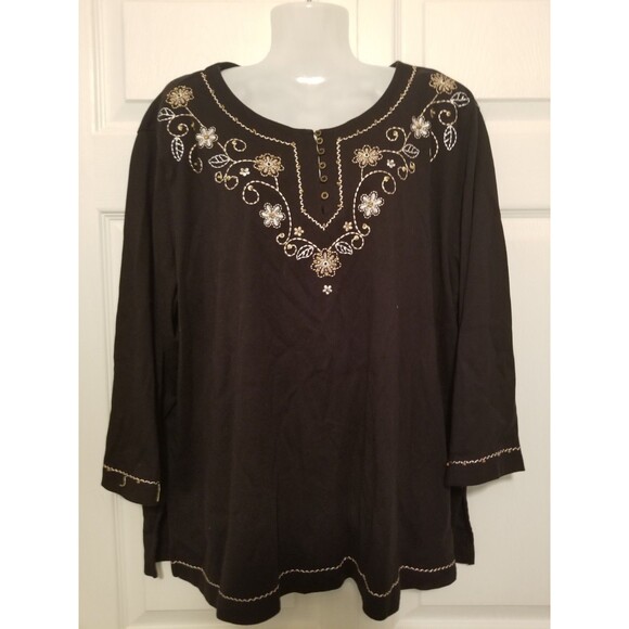 Alfred Dunner Women's Top Shirt Size 1X Black Embroidered Beaded 3/4 Sleeve - Picture 1 of 5